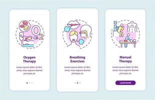 Reha-Onboarding-Bildschirm für die mobile App-Seite. Erholungstherapie Walkthrough 3 Schritte grafische Anweisungen mit Konzepten. ui, ux, gui-vektorvorlage mit linearen farbillustrationen vektor