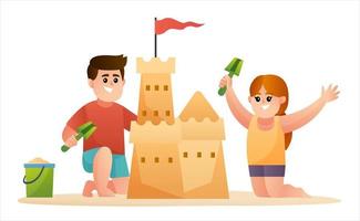 Illustration von zwei süßen Kindern, die eine Sandburg bauen vektor
