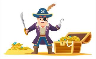 söt kapten pirat håller svärd med skattkista tecknad vektor