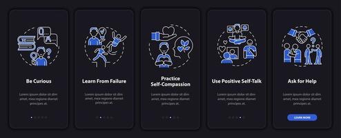 Glücks-Mentalitätsstrategien dunkler Onboarding-Bildschirm der mobilen App-Seite. Komplettlösung 5 Schritte grafische Anweisungen mit Konzepten. ui, ux, gui-vektorvorlage mit linearen nachtmodusillustrationen vektor