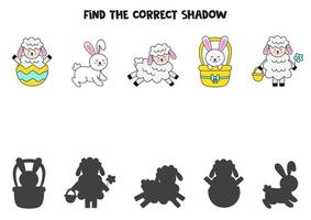 Finde die richtigen Schatten von süßen Osterhasen und Lämmern. logisches Puzzle für Kinder. vektor