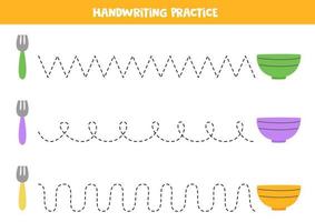 Linien mit bunten Schüsseln und Gabeln verfolgen. Schreiberfahrung. vektor