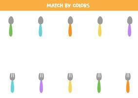 Farbzuordnungsspiel für Kinder im Vorschulalter. Ordnen Sie Löffel und Gabeln farblich zu. vektor