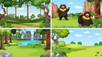 Vier Szenen mit Tieren im Wald vektor