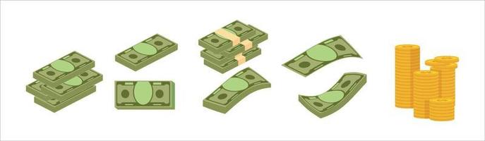 Cartoon-Bargeld. grüner dollarbanknotenstapel, reiche goldmünzen und zahlen. Geldbeutel, Tablett mit Stapeln von Rechnungen und Geldbaumvektor