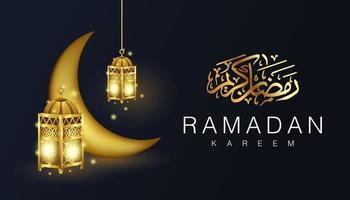 modernes ramadan kareem auf schwarzem hintergrund mit goldener laterne, mond und kalligraphieverzierungsvektorillustration vektor