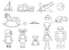 lineare Zeichnung. Sammlung von Kinderspielzeug vektor