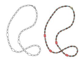 kvinnors smycken. långa pärlor. färg- och konturbilder vektor