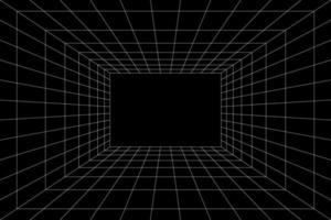 Rasterraum in Perspektive, Vektordarstellung im 3D-Stil. Innendrahtgitter aus weißen Linien, Vorlageninnenquadrat, digitale leere Box. abstrakter geometrischer Designhintergrund vektor