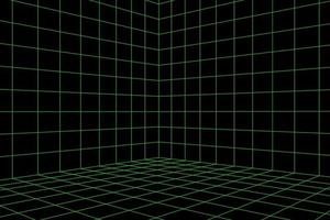 Rasterraum in Perspektive, Vektordarstellung im 3D-Stil. Innendrahtgitter aus grünen Linien, Vorlageninnenquadrat, digitale leere Box. Laserstrahl auf schwarzem Hintergrund vektor