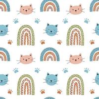 regnbåge och katt sömlösa mönster vektorillustration, söta mönster på båge i boho stil. skandinavisk design för babytryck. regnbåge och kattunge i trendig färg vektor