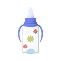 Babyflasche mit Kunststoffgriffen und Schnullernippel. Behälter für Milch, Ernährung für Neugeborene. Milchmischung für Babys. für Kinderwarenladen. Kindheit. Produkte für Kinder vektor