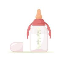 Babyflasche zum Füttern mit Schnuller, Verschluss und Messskala. Milch, Ernährung für Neugeborene. Milchmischung für Babys. für Kinderwarenladen. Kindheit. Produkte für Kinder vektor