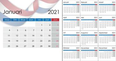 einfacher Kalender 2021 in niederländischer Sprache, Wochenstart am Montag. te vektor