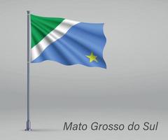 Wehende Flagge von Mato Grosso do Sul - Bundesstaat Brasilien am Fahnenmast. vektor