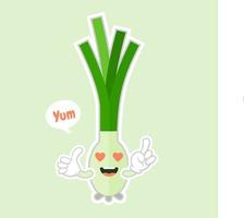tecknad vårlök med ansikte. rolig illustration av en glad grönsak. vektor scallions karaktär och hand bokstäver. barnslig stildesign, positiv affisch, skjorta, kort, väggtryck