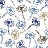 zarte florale Vektor nahtlose Muster im ländlichen Stil. handgezeichnete blaue, braune Umrissblumen der Flockenblume auf weißem Hintergrund. für Drucke von Stoffen, Textilprodukten, Verpackungen, Papier, Kleidung.