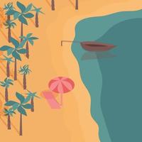 schöne Meereslandschaft mit Palmen. Sonnenschirm und Boot-Vektor-Illustration