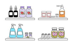 handgezogene medizinische flaschen für flüssige medikamente und pillen in den regalen. Doodle-Stil, isoliertes medizinisches Element auf weißem Hintergrund
