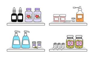 handritade medicinska flaskor för flytande medicin och piller på hyllorna. doodle stil, isolerade medicinska element på vit bakgrund vektor
