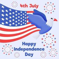 US-Unabhängigkeitstag. 4. Juli. der adler schlägt mit den flügeln und öffnet die flagge von amerika, um den nationalfeiertag der vereinigten staaten von amerika zu feiern vektor