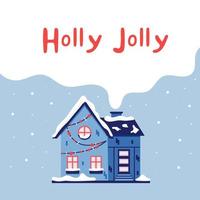 jul hus med skorsten holly jolly. nytt år gratulationskort. vektor illustration i blå nyanser