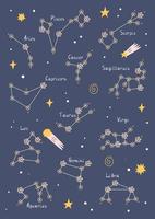 affisch med söta stjärnbilder av stjärntecknen på blå bakgrund vektor