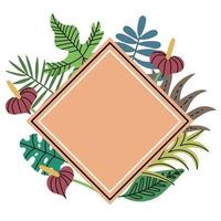 Rautenförmiger Rahmen aus tropischer Dschungelpflanze. pfirsichfarbener Rautenrahmen. exotische Blätter. Vektor editierbare Illustration