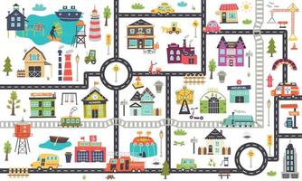 horizontale Kinderkarte mit Straßen, Autos, Gebäuden vektor