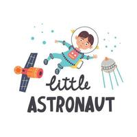 Junge Astronaut fliegt mit Satelliten und Sternen in den Weltraum