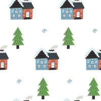 seamless mönster med vinter hus och julgranar vektor