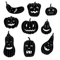 Set aus schwarzen und weißen Halloween-Kürbissen. Vektorbündel gruseliger Kürbisgesichter vektor