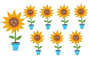 Satz Sonnenblumen in einem Topf. sonnige Blumen mit Samen. Reihe von Emotionen. Vektor editierbare Illustration