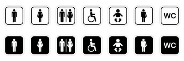 uppsättning toalett siluett ikon. tecken på tvättrum för män, kvinnor, transpersoner, funktionshindrade. wc-skylt på dörren för offentlig toalett. samling av symboler toalett. mamma och bebis rum. vektor illustration.