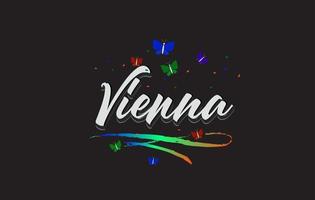 vit Wien handskriven vektor ordtext med fjärilar och färgglada swoosh.