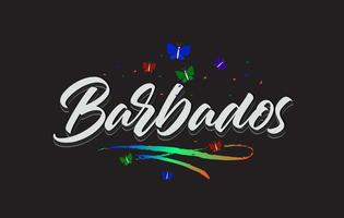 White Barbados handgeschriebener Vektorworttext mit Schmetterlingen und buntem Swoosh. vektor