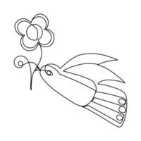 svart konturritning. logotyp med flygande fågel. duvfågel håller blomma i näbben. linjär kontur för affisch, banderoll, flygblad. en rad illustration. vektor. begreppet vårens ankomst, hopp, 8 mars vektor