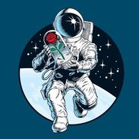astronaut im weltraum, der eine rote rosenblume hält. grußkarte oder banner zum valentinstag. Kosmonauten-Vektor-Illustration.