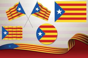 satz von katalonien-flaggen in verschiedenen designs, symbol, häutende flaggen mit band mit hintergrund. vektor