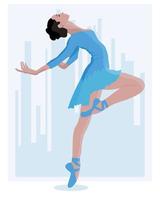 Illustration, eine tanzende Ballerina in einem zarten blauen Kleid und Spitzenschuhen auf einem abstrakten Hintergrund einer Großstadt. Poster für Tanzunterricht, ClipArt