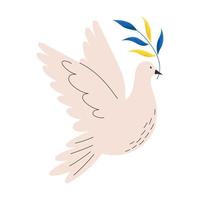 Taube fliegt und hält Pflanze in den Farben der ukrainischen Flagge, flache Vektorillustration isoliert auf weißem Hintergrund. Symbol des Weltfriedens und der Unterstützung während des Krieges in der Ukraine. Taube und Freiheitsaufkleber. vektor