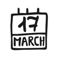 vektor kalenderikon i handritad stil. kontur datumsymbol. isolerade illustration på vit bakgrund. design för tryck- och målarböcker. doodle kalender sida 17 mars