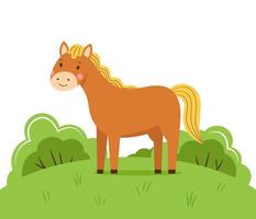 söt liten brun häst med en gul man betar på en grön gräsäng vektor