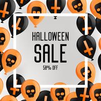 Halloween-broschyrbanderoll. Purpurfärgad bakgrund med ballonger, med kors och skallar. Försäljning 50 procent. Vektor platt illustration