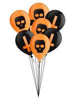 Glücklicher Halloween-Tag. Ein Arm voll schwarzer und orangefarbener Luftballons mit Kreuzen und Totenköpfen. Flache Vektorgrafik vektor