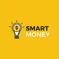 Smart pengar logotyp. Lysande glödlampa med logotyp för guld- dollarmynt. Crowdfunding för nya idéer. Vektor tecknad illustration