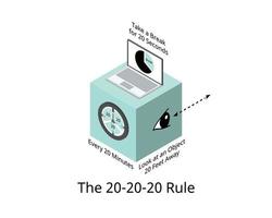 förebygga ansträngda ögon med 20-20-20-regeln att ta en paus var 20:e minut och 20:e sekund vektor