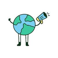 jorden planet håller megafon, illustration för t-shirt, klistermärke eller kläder varor. med retro tecknad stil. vektor