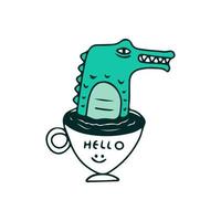 Krokodil und Tasse Kaffee, Illustration für T-Shirt, Aufkleber oder Bekleidungswaren. mit Doodle-, Retro- und Cartoon-Stil. vektor