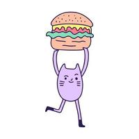 söt lila katt som lyfter en hamburgare, illustration för t-shirt, klistermärke eller klädesplagg. med doodle, retro och tecknad stil. vektor
